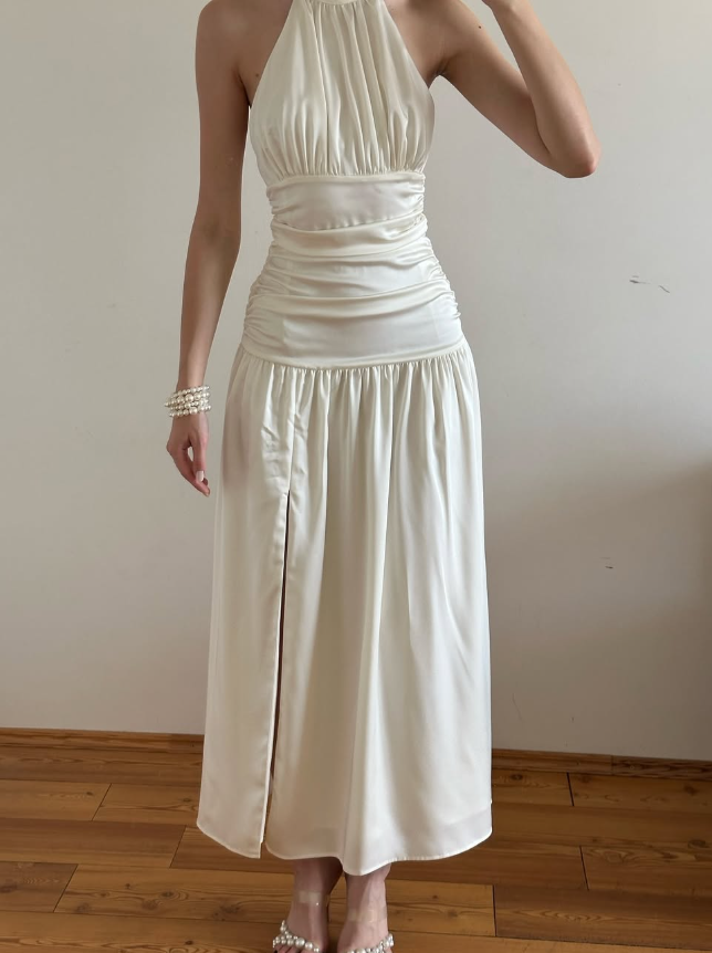 Simple Ivory A Line Halter Pleated Satin Slit Open Back Evening Dress Party Dress SH3957