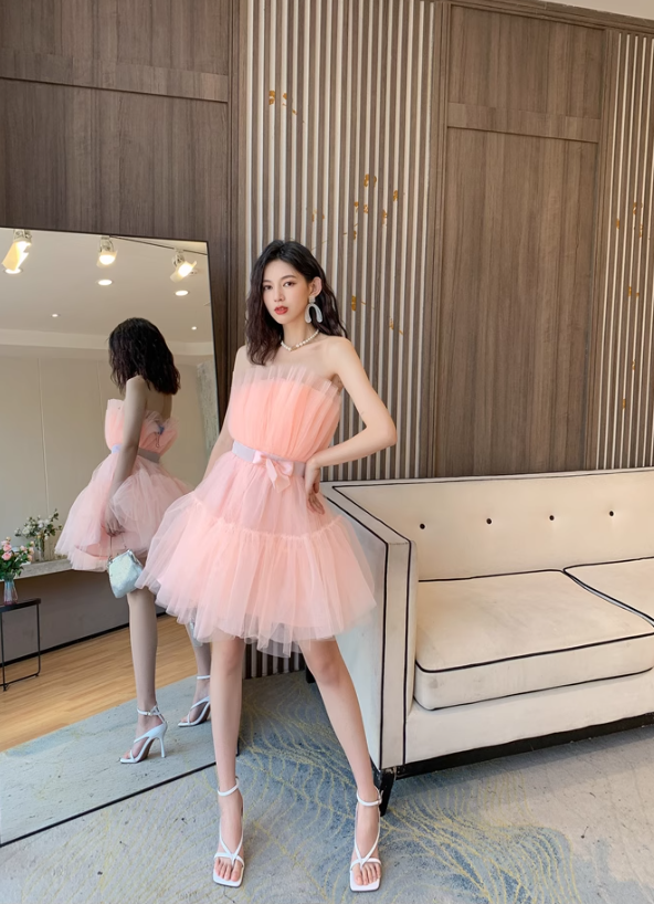 Pink A Line Strapless Tulle Short Outfit Party Dress Homecoming Dress Birthday Dress SH3527