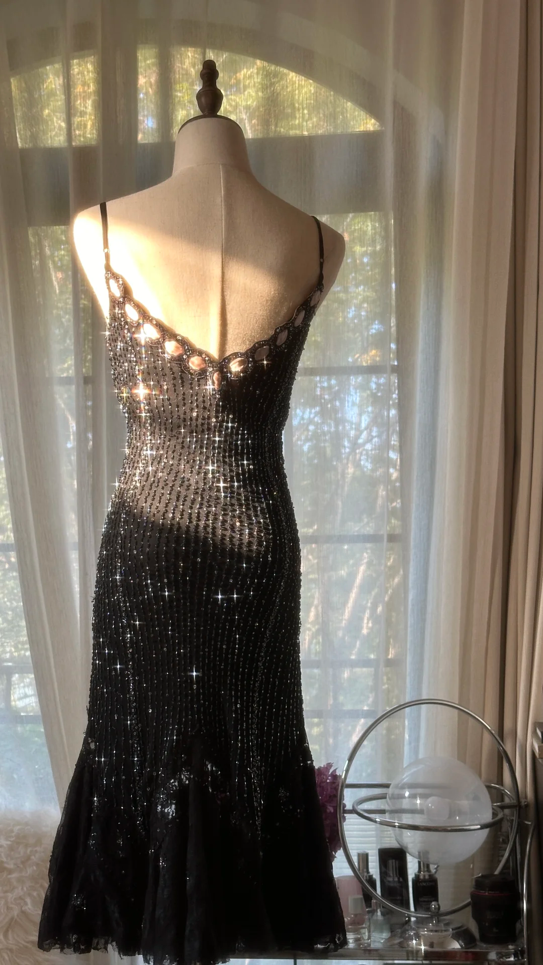 Stunning Mermaid Spaghetti Strap Beaded Black Chiffon Short Homecoming Dress Cocktail Dress SH2962