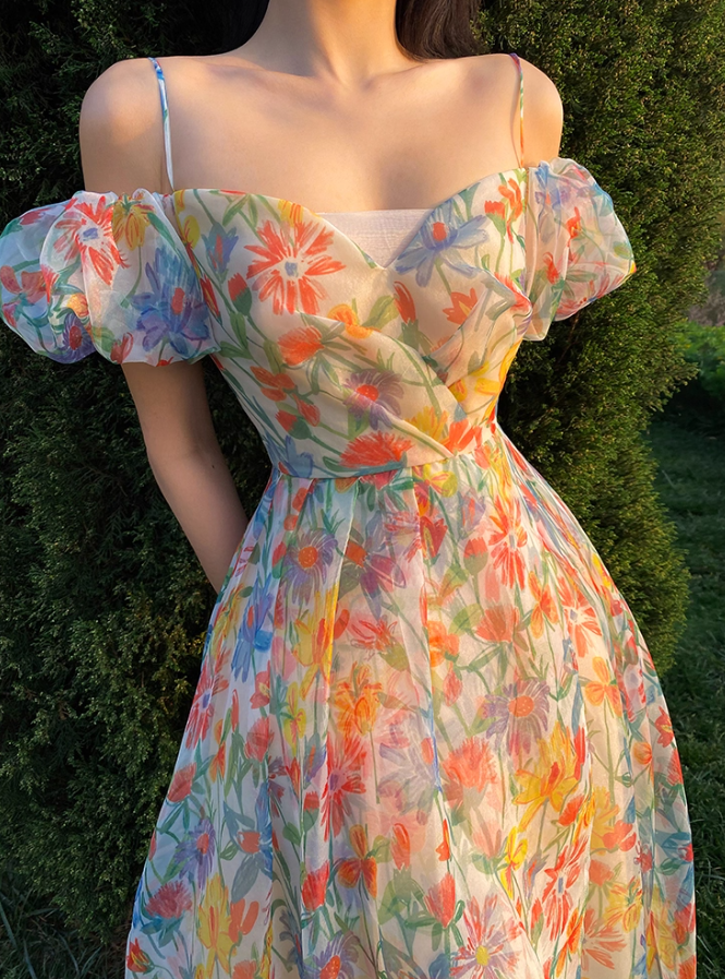 Unique Print Floral A Line Off the Shoulder Chiffon Long Prom Dress Party Dress SH4034