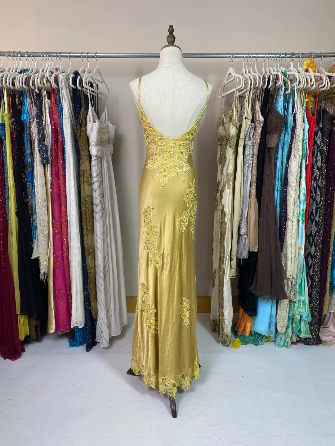 Vintage Sheath Spaghetti Strap Lace Champagne Satin Party Dress Evening Dress with Slit SH3345