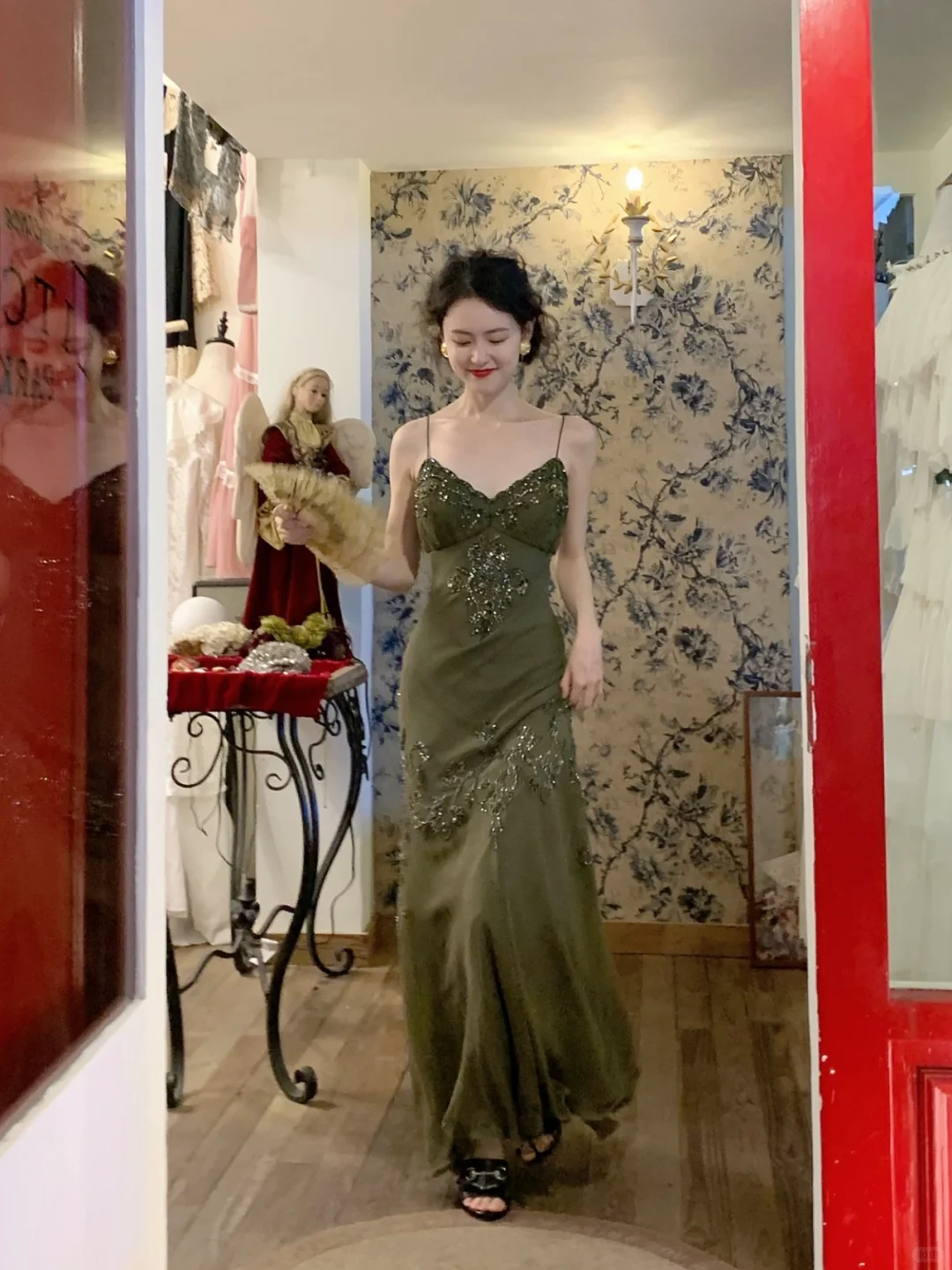 Vintage Olive Green Mermaid Spaghetti Strap Exquisite Beaded Chiffon Prom Dress 22th Birthday Dress SH4407