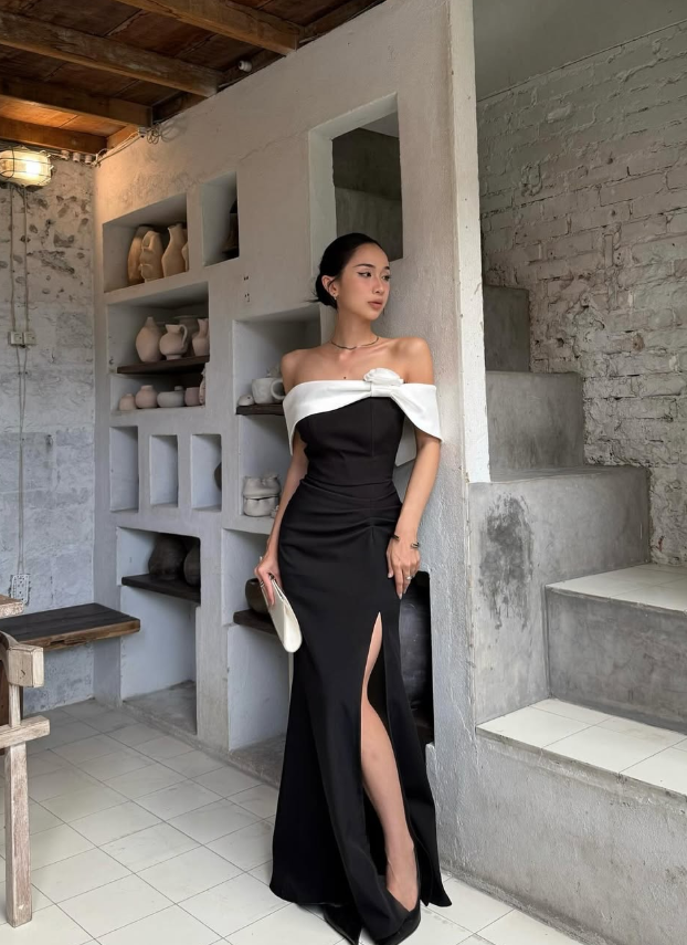 Classic Black-White Mermaid Off the Shoulder Satin Long Prom Dress wit –  shinydress