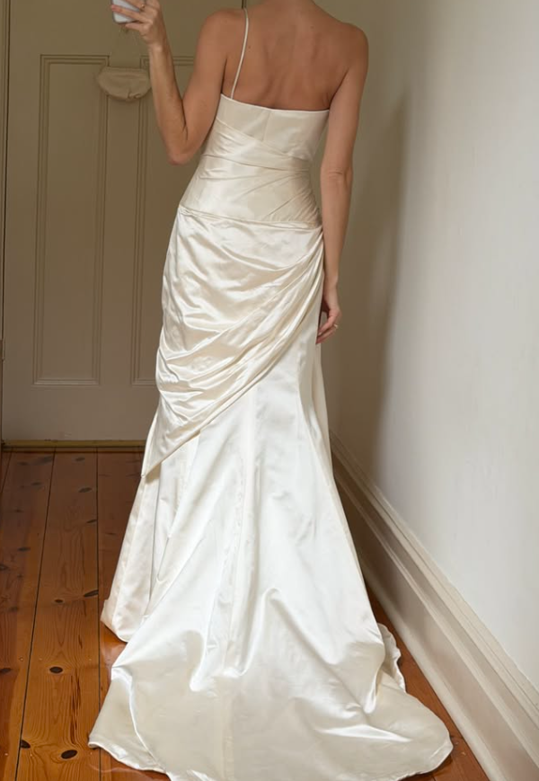 Vintage A Line One Shoulder Ivory Satin Long Wedding Dress SH8477