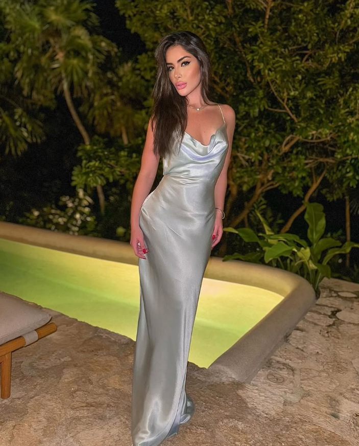 Simple Sexy Sheath Spaghetti Strap Silver Satin Open Back Prom Dress Evening Dress SH3908