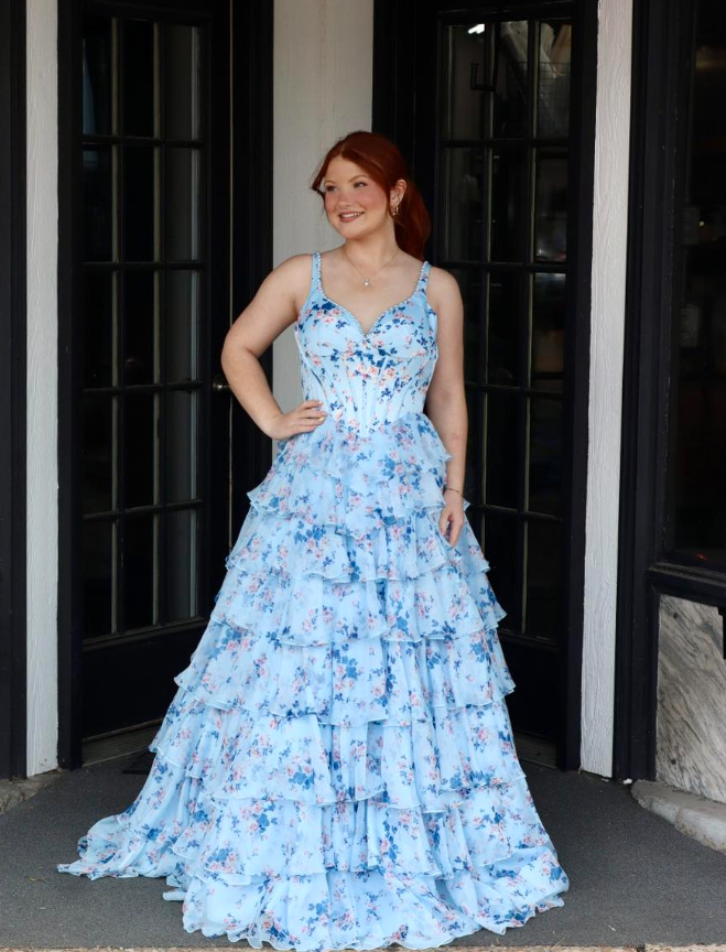 Sweety Blue A Line Spaghetti Strap Print Floral Layered Chiffon Long Prom Dress Evening Dress SH7247