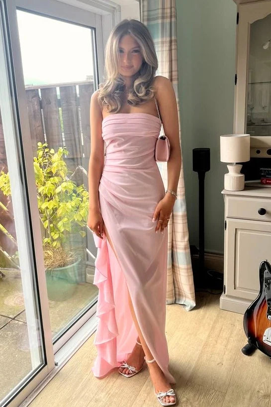 Elegant Sheath Strapless Pink Long Prom Dress with Split Front SH8299
