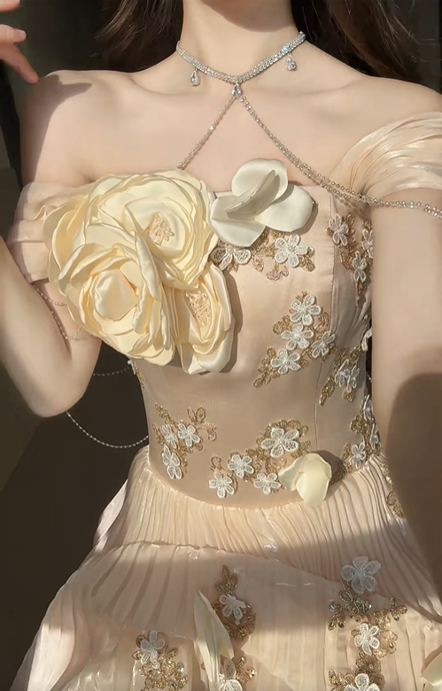 Cute Yellow Rose Ball Gown Off the Shoulder Beaded Satin Prom Dress 16th Birthday Dress SH5030