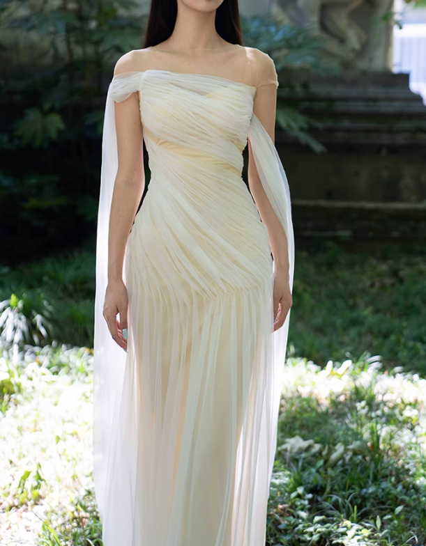 Flowy Simple Ivory A Line Pleated Tulle Long Evening Dress Party Dress SH3484