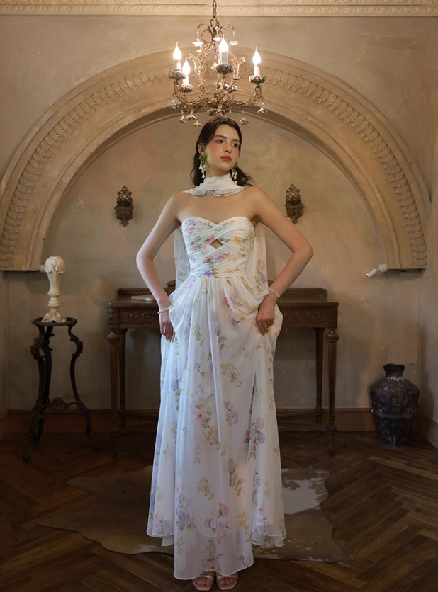 Dreamy A Line Sweetheart Neck Print Floral Chiffon Prom Dress Party Dress SH4172