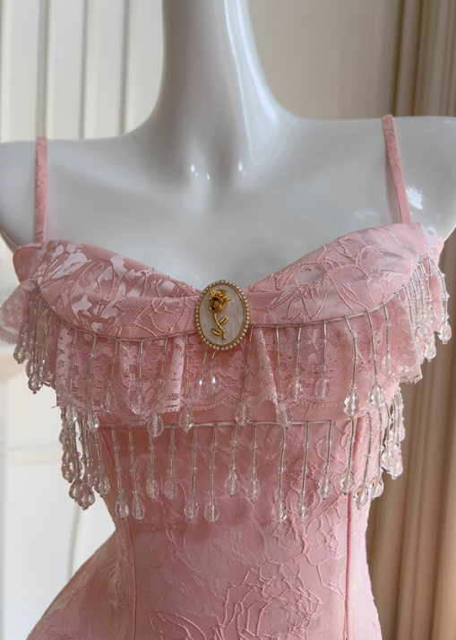 Pink A Line Spaghetti Strap Beaded Lace Homecoming Dress Birthday Dress SH4509