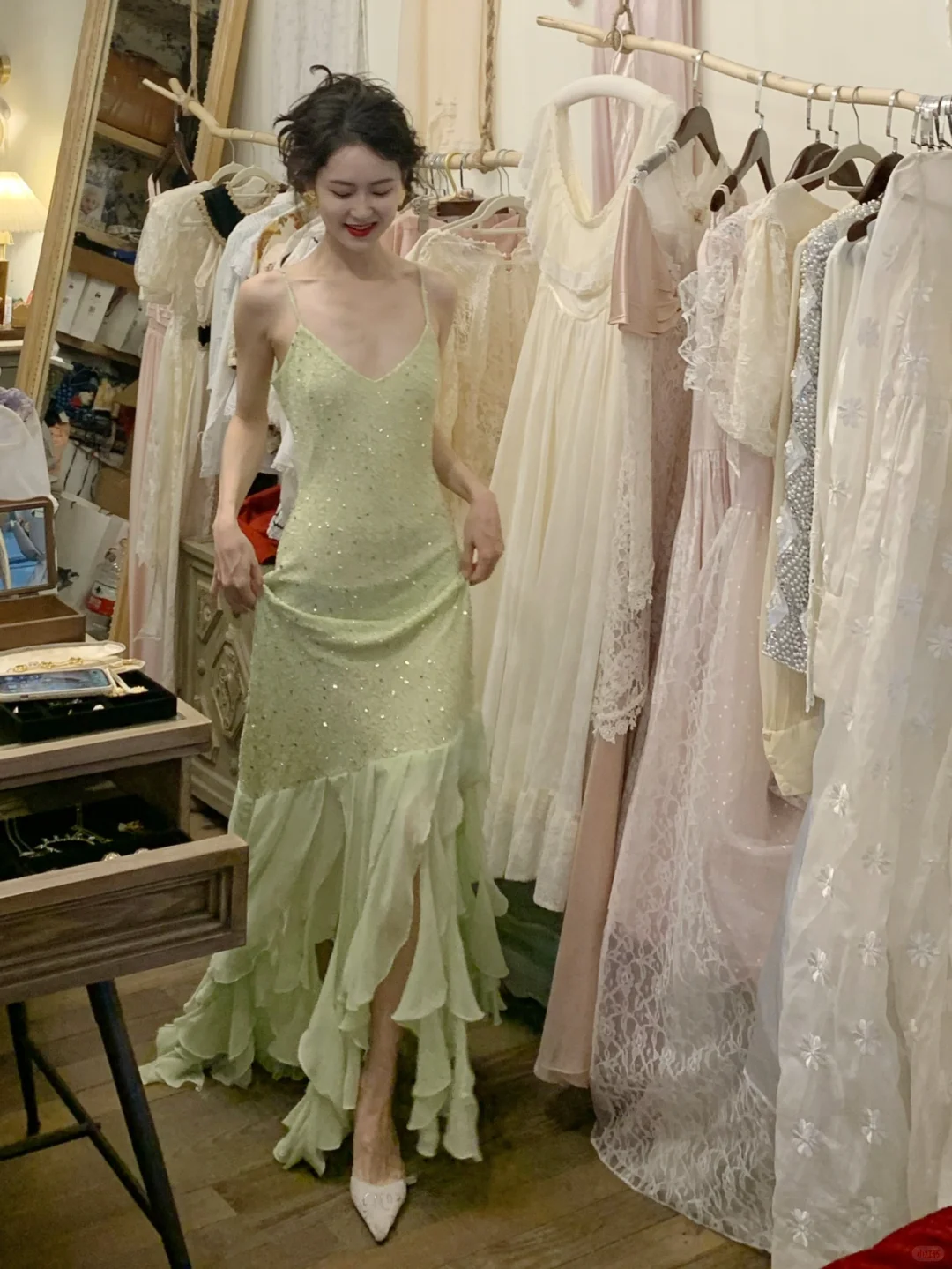 Vintage Light Green Mermaid Spaghetti Strap Beaded Ruffle Chiffon Prom Dress 16th Birthday Dress SH4403