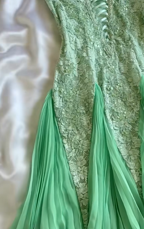 Green A Line Spaghetti Strap Lace Chiffon Evening Dress Party Dress SH3424