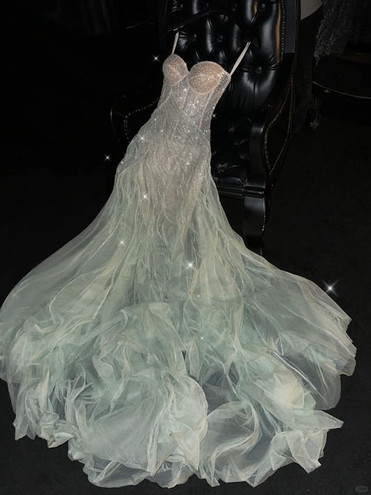 Romantic A Line Strapless Beaded Green Champagne Tulle Party Dress Evening Dress SH3372