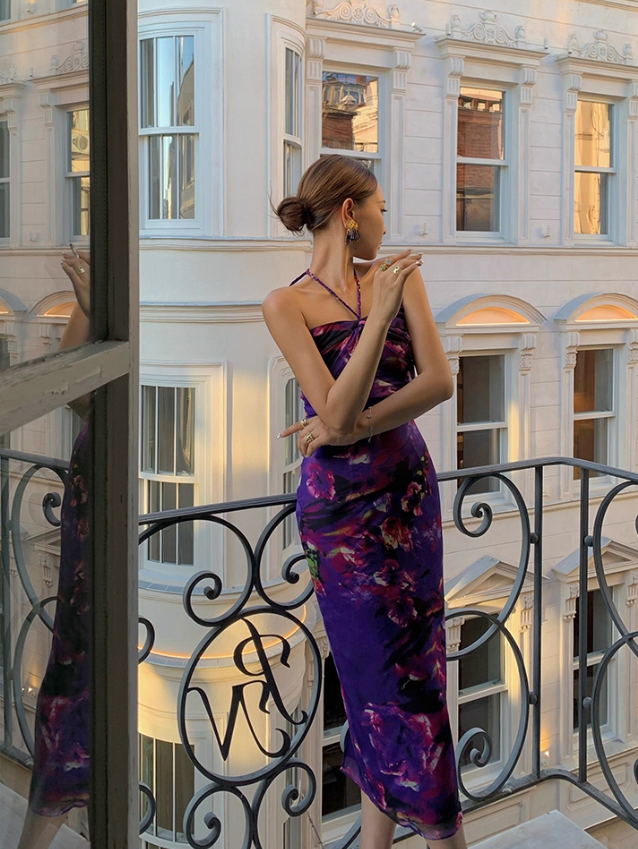 Sexy Purple Print Floral Sheath Halter Chiffon Long Prom Dress Party Dress SH4033