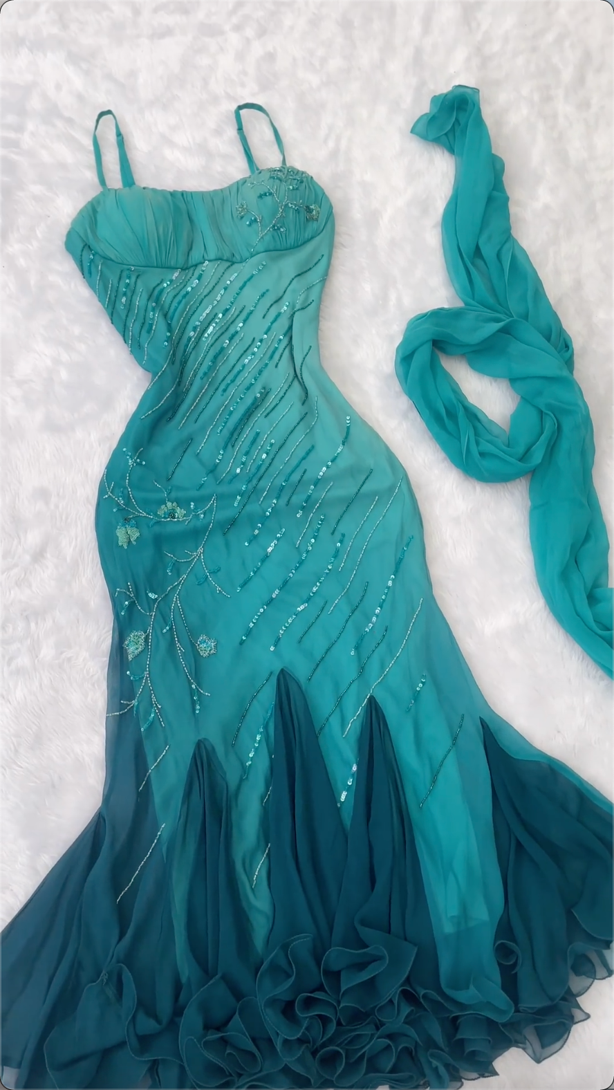 Blue Ombre Mermaid Spaghetti Strap Beaded Sequin Chiffon Prom Dress Graduation Prom Dress SH2466