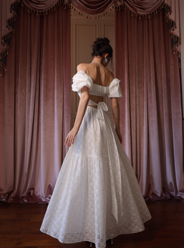 Princess A Line Puff White Lace Prom Dress Party Dress SH4171