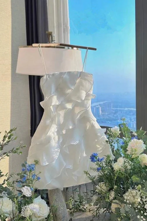 Short Spaghetti Straps White Chiffon Party Dress, Homecoming Dress With Ruffles SH773