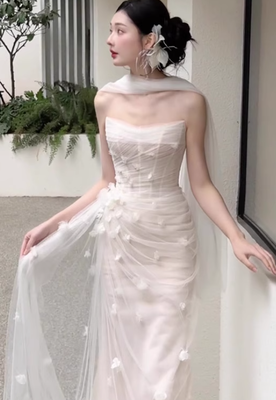 White Sheath Strapless Floral Pleated Tulle Long Prom Dress Wedding Dress SH4199
