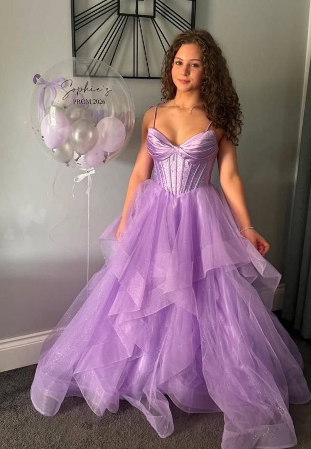 Purple A Line Spaghetti Straps Corset Ruffle Tulle Prom Dress Birthday Dress SH9033