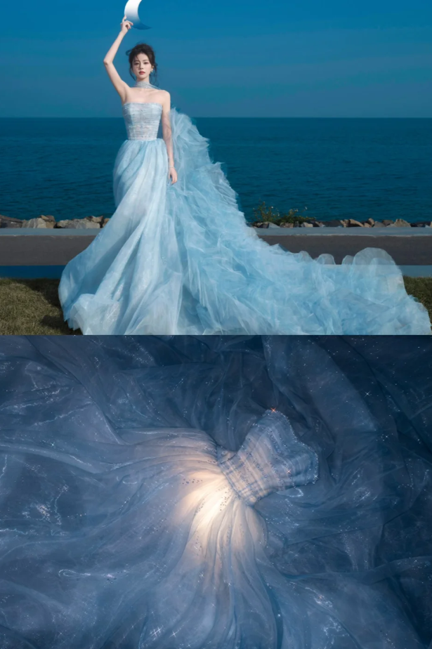 Gorgeous A Line Strapless Beaded Blue Tulle Long Party Dress Evening Dress SH2812