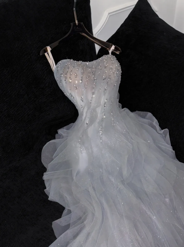 Romantic A Line Strapless Beaded Ruffle Grey Tulle Party Dress Evening Dress SH3371