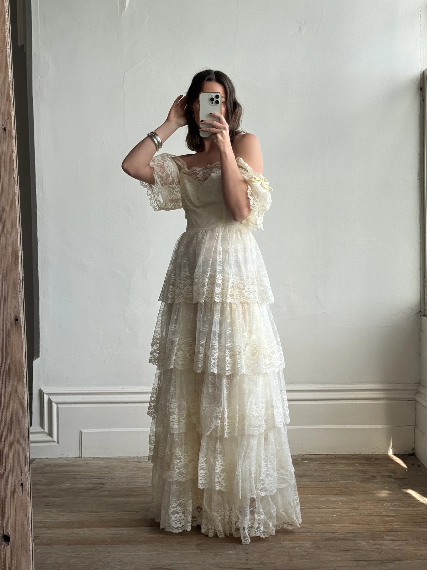Vintage A Line Puff Layered Beige Lace Long Wedding Dress SH4426
