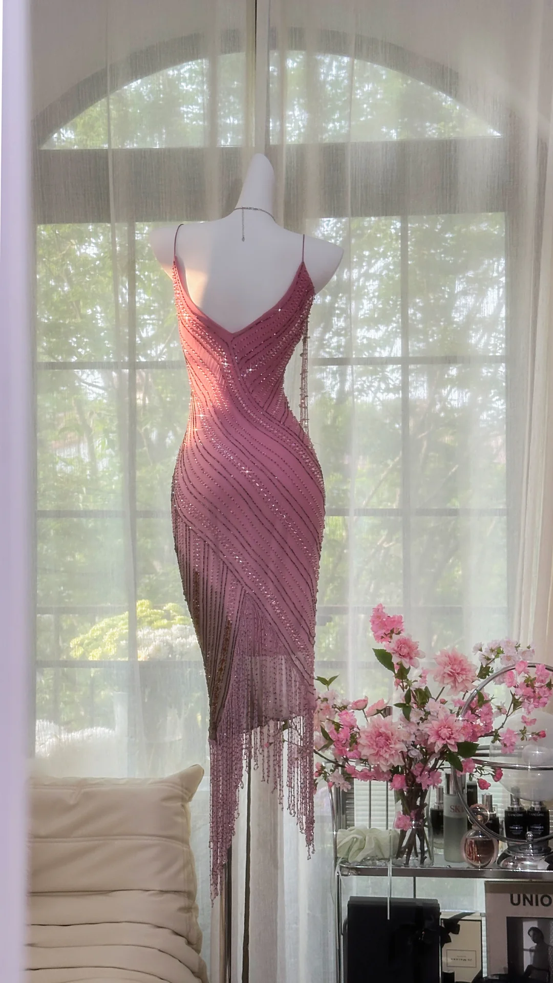 Charming Sheath Spaghetti Strap Beaded Pink Chiffon Party Dress Homecoming Dress SH2952