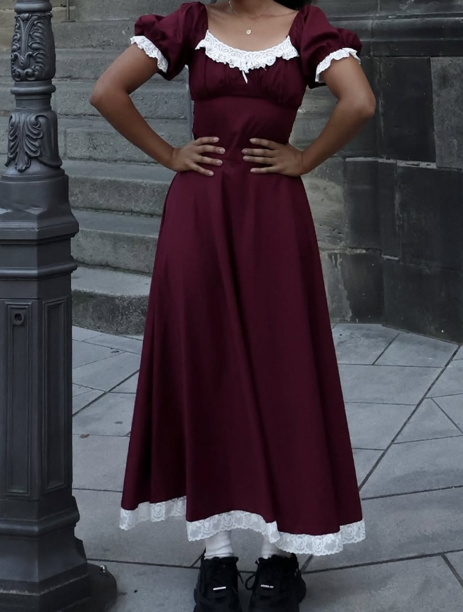 Burgundy A Line Puff White Lace Satin Long Party Dress Cocktail Dress Date Dress SH3685