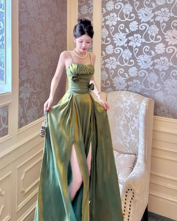 Green A Line Straps Floral Satin Prom Dress Evening Dress Formal Dress SH4086