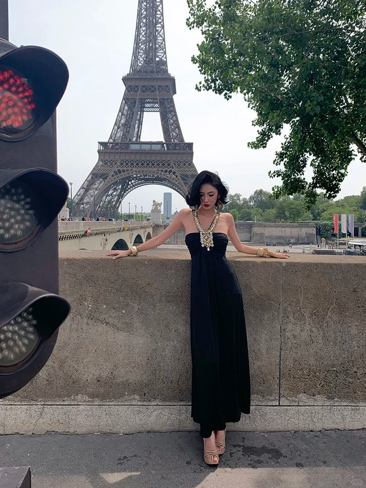 Sexy Black A Line Halter Rhinestone Satin Long Prom Dress Evening Dress SH4340