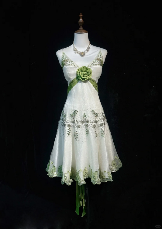 Vintage A Line Spaghetti Strap Green Appliques Beaded Tulle Satin Homecoming Dress SH3337