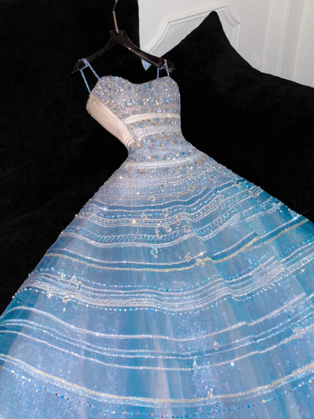 Silver Sequin Ball Gown Strapless Blue Tulle Prom Dress Party Dress SH3414