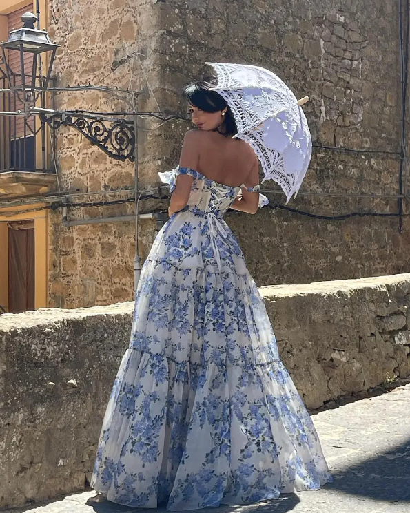 Elegant Floral Print Chiffon Long Prom Dresses Evening Dresses SH675