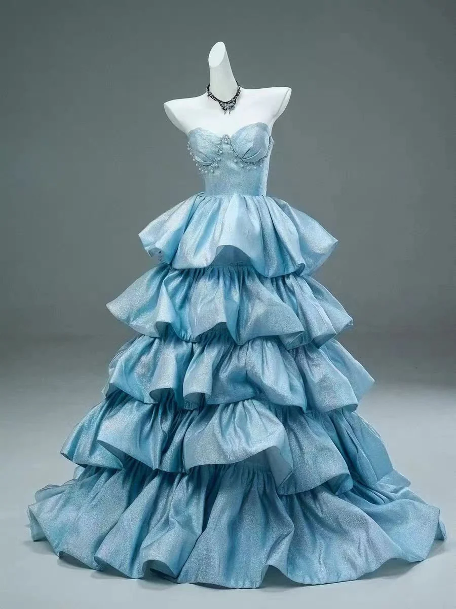 Dreamy Blue Ball Gown Sweetheart Neck Layered Sequin Prom Dress SH4571