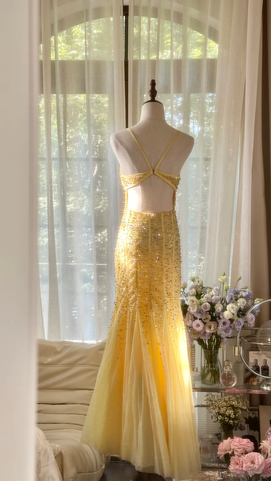 Light Yellow Mermaid Spaghetti Strap Sequin Beaded Chiffon Open Back Party Dress Evening Dress SH2934