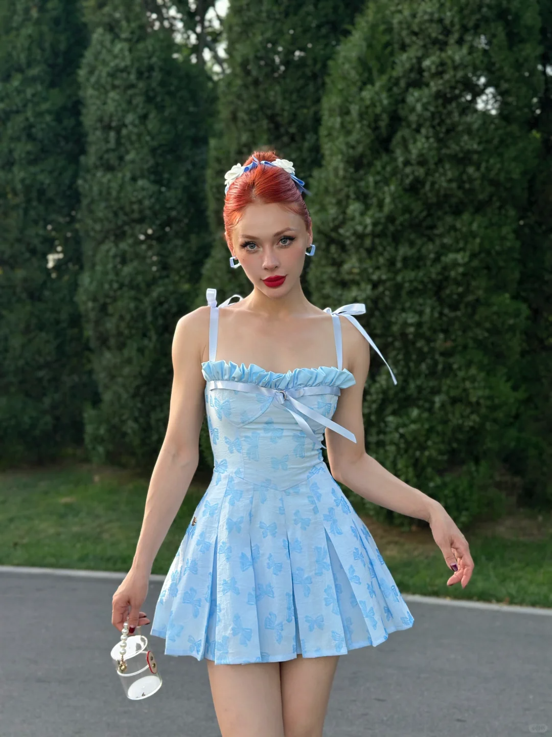 Blue A Line Spaghetti Strap Print Floral Satin Party Dress Homecoming Dress SH4304