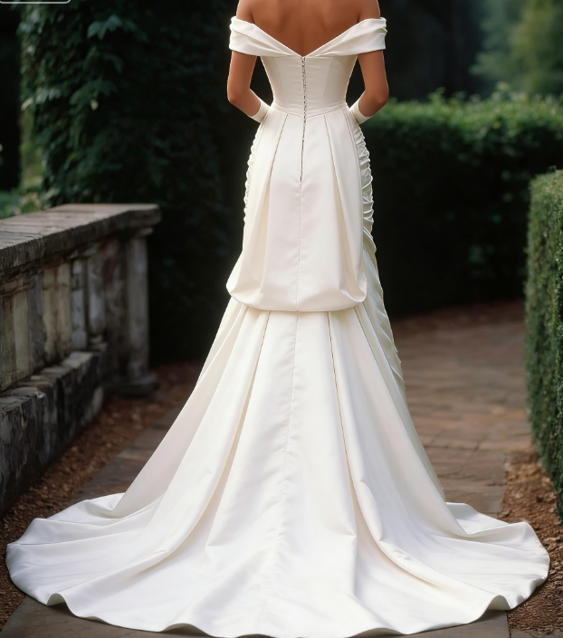 Elegant Mermaid Off the Shoulder Pleated Satin Long Sweep Wedding Dress SH4141