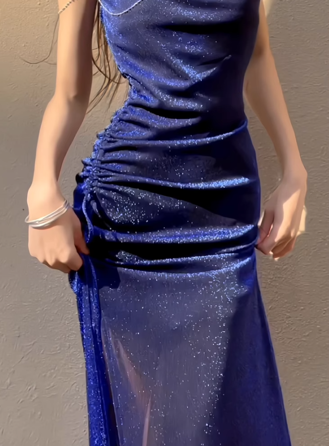 Royal Blue Stunning Sheath Spaghetti Strap Tulle Prom Dress Evening Dress SH4081