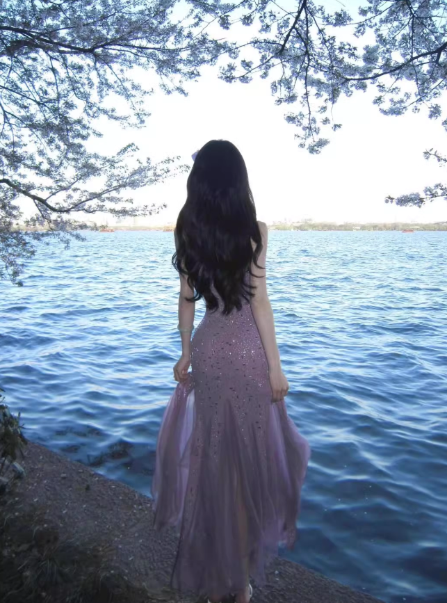 Purple Mermaid Spaghetti Strap Rhinestone Chiffon Prom Dress Vacation Dress Date Dress SH3986