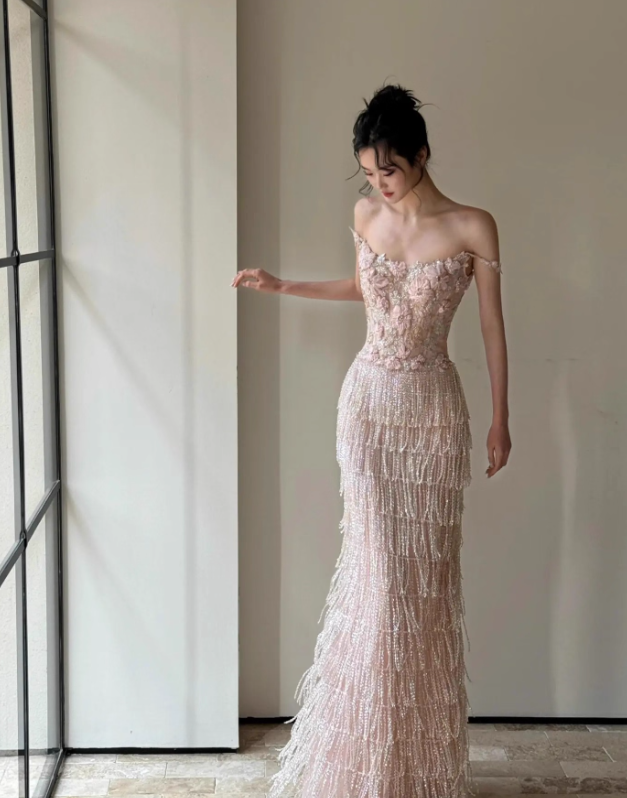 Exquisite Sheath Spaghetti Strap Beaded Tulle Prom Dress Evening Dress Party Dress SH4091