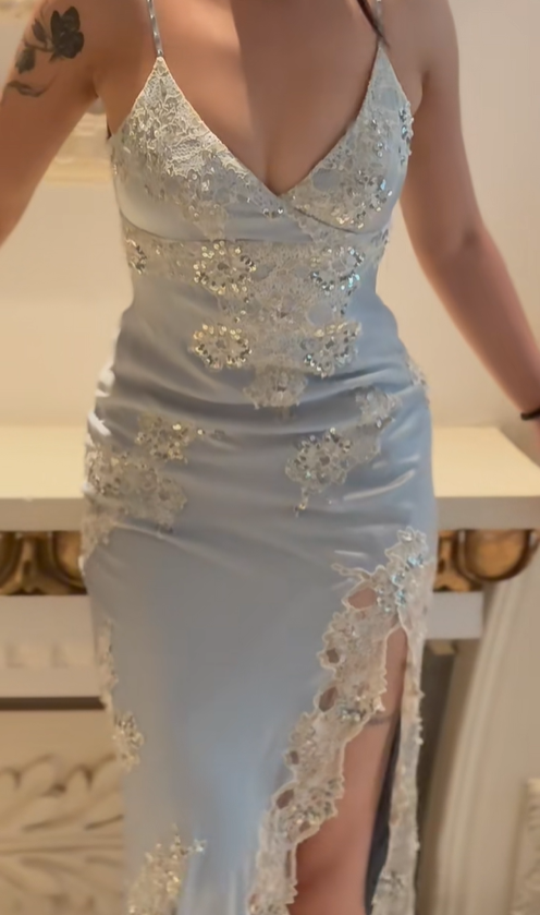 Vintage Sheath Spaghetti Strap Lace Baby Blue Satin Party Dress Evening Dress with Slit SH3346