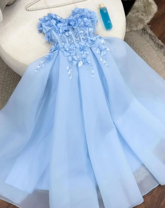 Baby Blue A Line Sweetheart Neck 3D Flower Tulle Prom Dress Evening Dress SH2255