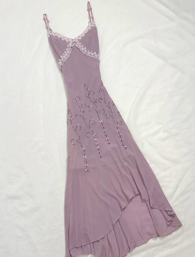 Vintage A Line Spaghetti Straps Beaded Purple Chiffon Prom Dress Party Dress SH3663