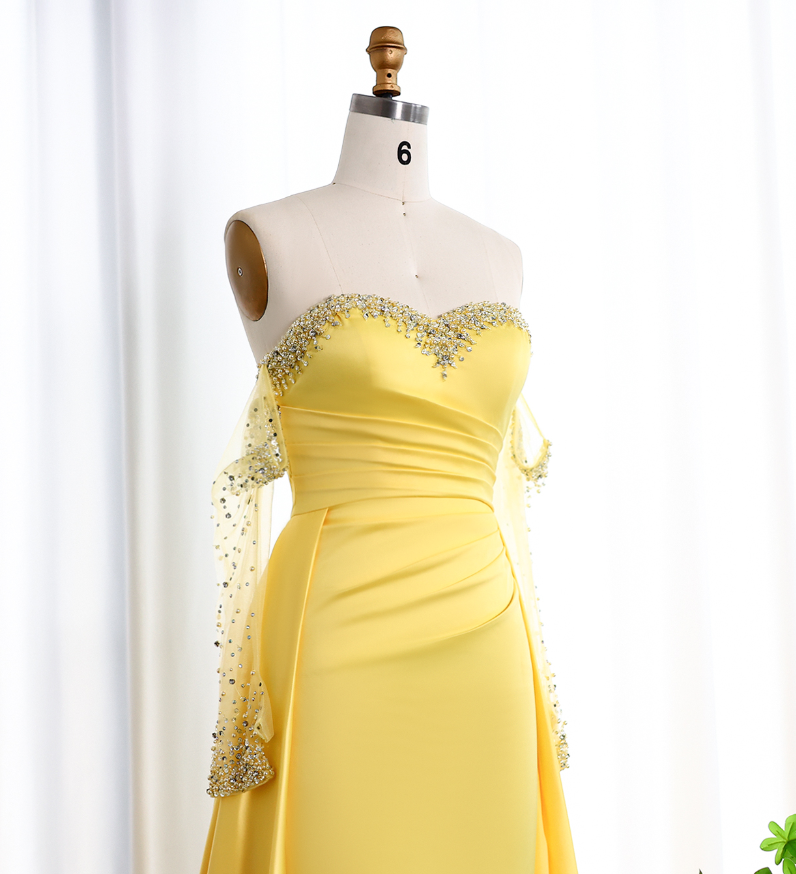 Elegant A Line Sweetheart Neck Long Sleeve Rhinestone Satin Long Prom Evening Dress SH2390