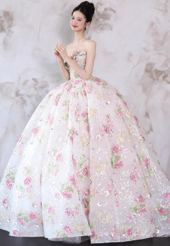 Exquisite Ball Gown Strapless Embroidery Floral Tulle Prom Dress 16th Birthday Dress SH4054