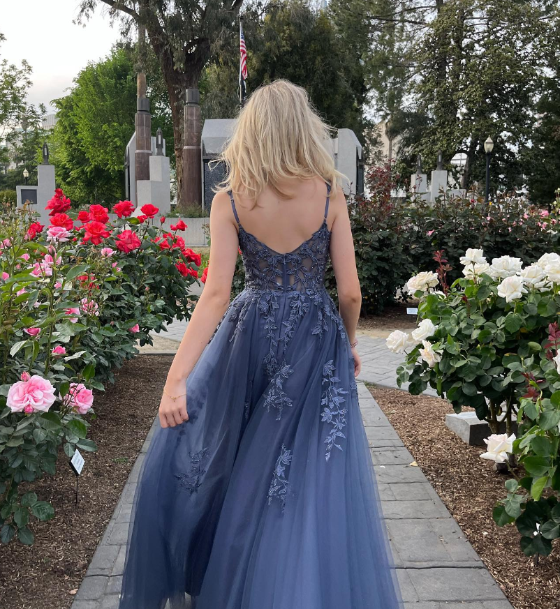 Blue Tulle Applique Long Evening Dress Formal Prom Dress SH902