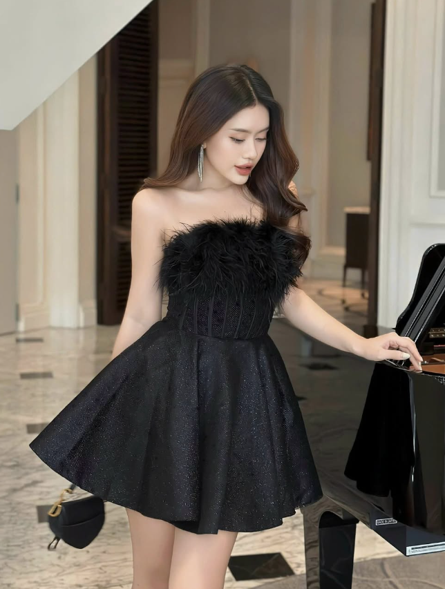 Cute Black A Line Strapless Corset Feather Satin Short Homecoming Dress Cocktail Dress SH3304