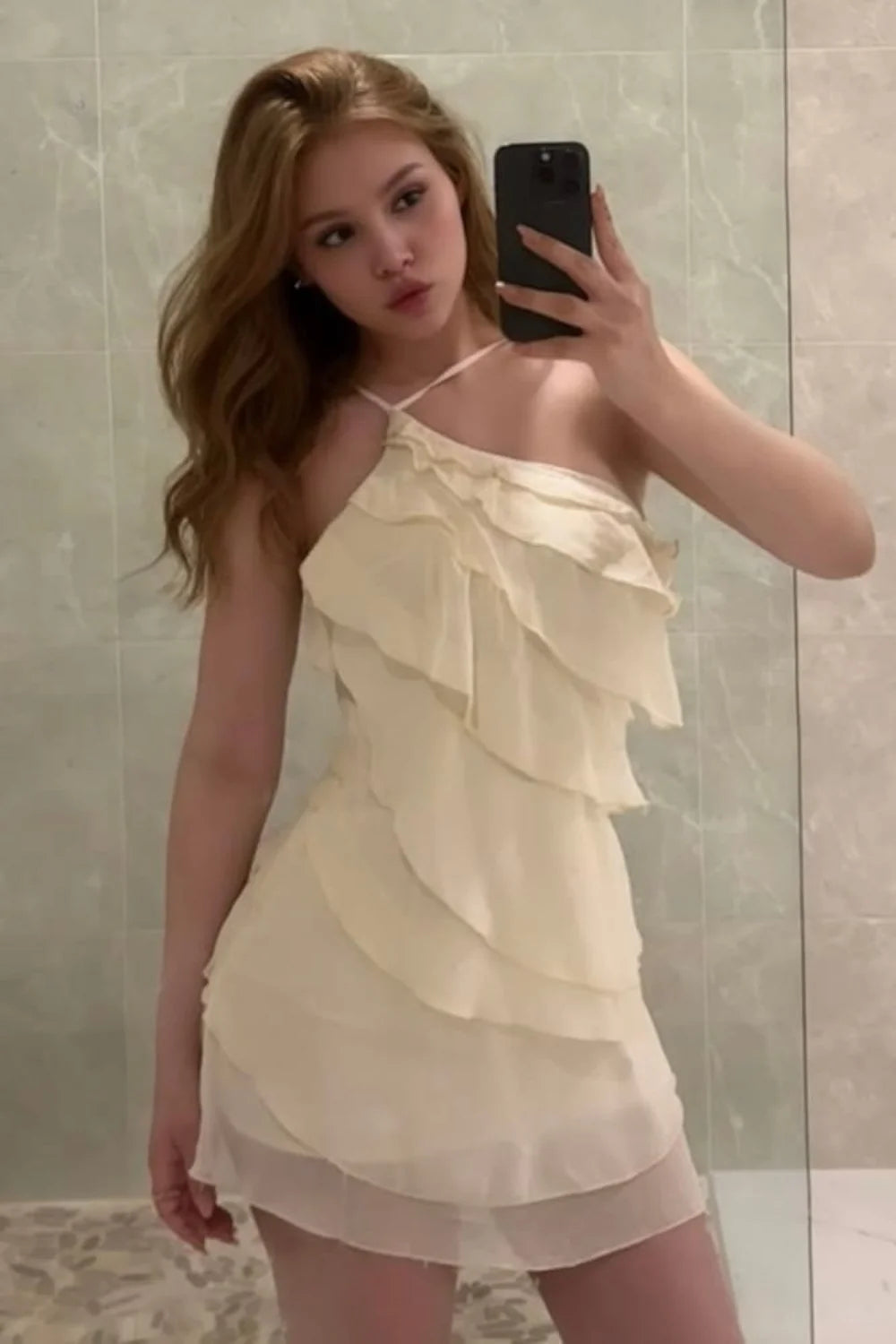 Fairycore Ivory Tiered Ruffle Halter Bodycon Homecoming Mini Dress SH7867