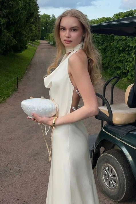 Fashionable A Line Halter Neck White Long Party Dress with Pearls Back SH7778